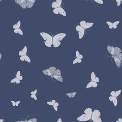 Monochromatic butterfly seamless pattern on dark blue background.