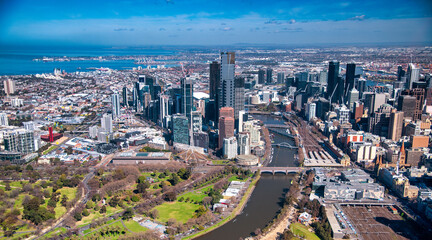Fototapeta na wymiar Melbourne panoramic skyline view from helicopter on a sunny day, Victoria - Australia.