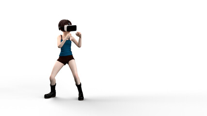 Girl boxing pose with virtual reality gadget.Game simulation futuristic conceptual with 3d rendering.