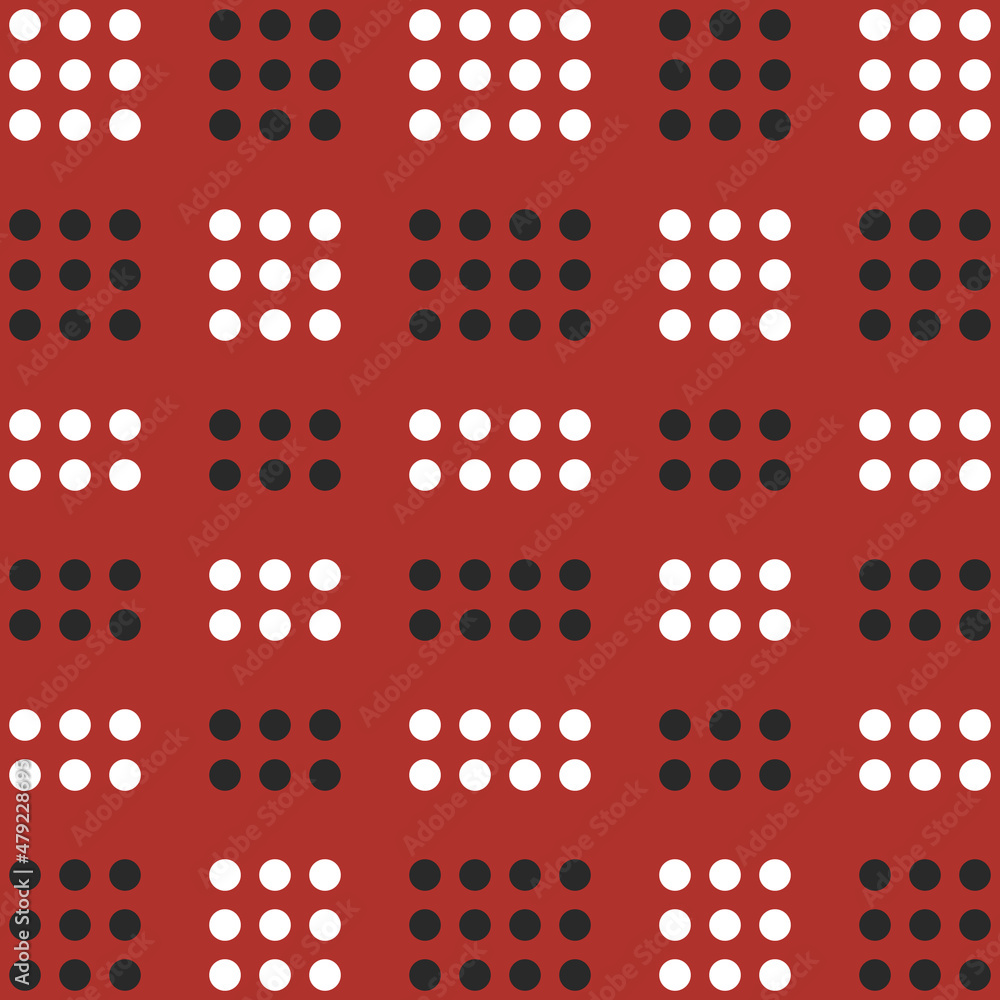 Poster black and white dots on a red background. vector with groups of points located together and in order