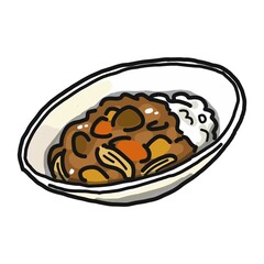 カレーライスのイラストです。ジャガイモ、肉、ニンジン、玉ねぎが入っています。