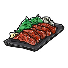 馬刺しのイラストです。おろしにんにくと生姜、しそと大根が添えられています。土用の丑の日の定番食です。