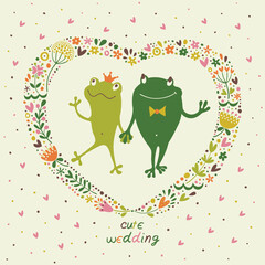 Cute card with frogs, flowers and hearts in love.