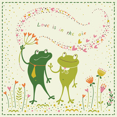 Cute card with frogs, flowers and hearts in love.