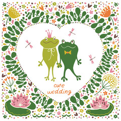 Cute card with frogs, flowers and hearts in love.