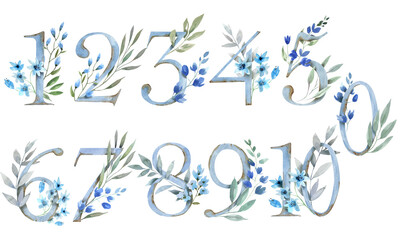 Watercolor clipart. Hand-drawn numbers with flowers, leaves. Elegant figures with vegetation for memorable dates. for greeting cards, wedding invitations, holiday posters, stickers, scrapbooking,