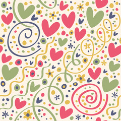 Simple seamless pattern with hearts, flowers and spirals.