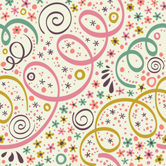 Seamless pattern with hearts, flowers and serpentine.