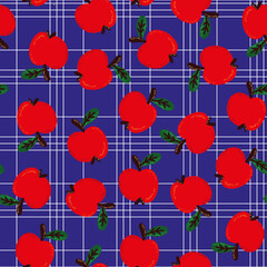 seamless pattern with red apples on a blue checkered background. Vector illustration