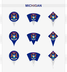 Michigan flag, set of location pin icons of Michigan flag.
