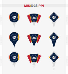 Naklejka premium Mississippi flag, set of location pin icons of Mississippi flag.