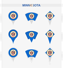 Minnesota flag, set of location pin icons of Minnesota flag.