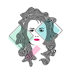 Abstract woman face art and wavy line hair in minimalist colors. Vector illustration