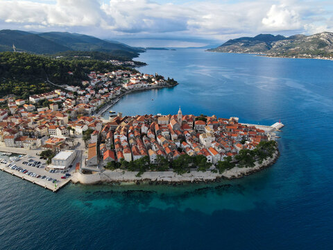 aerial view of the old town of Korcula in Croatia