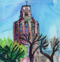 Panoramic landscape of business office building. Hand drawn watercolor urban sketch. Blue sky. Spring or summer. Cityscape and trees. Nature and ecology. For post card, poster, print, wallpaper