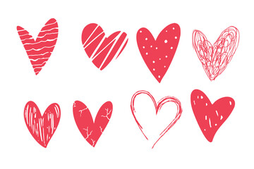 Set of doodle hand drawn hearts isolated at white background.