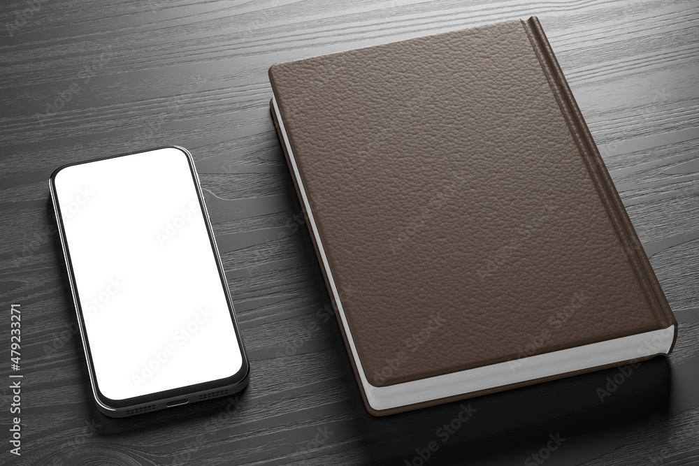 Poster a mockup of a smartphone on the table next to a notepad. 3d render.