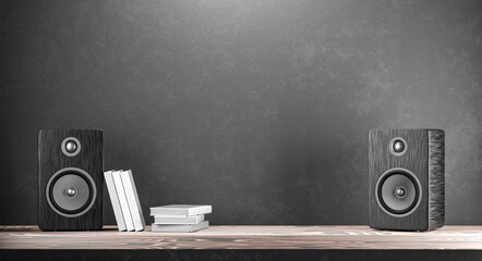 Free space in the center, between the columns, for your design. Professional wooden bookshelf speaker has a classic, elegant look. 3D rendering © Alexander