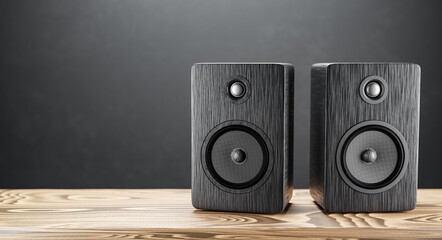 Music speakers on the right on the bookshelf. Free space for your design. Professional wooden bookshelf speaker has a classic, elegant look. 3D rendering © Alexander