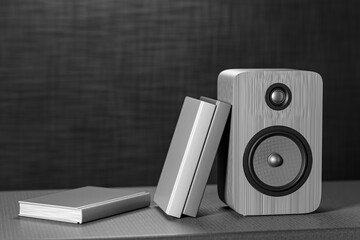 White bookshelf speakers. Professional wooden bookshelf speaker has a classic, elegant look. 3D rendering © Alexandr