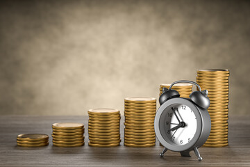 business financial ideas concept with stack of coins and alarm clock isolate background with free copy space for your creative ideas text. 3d render