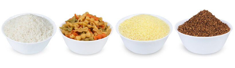 Colored pasta, rice, instant coffee and couscous  in a bowl isolated on a white background.  Set of full white bowl