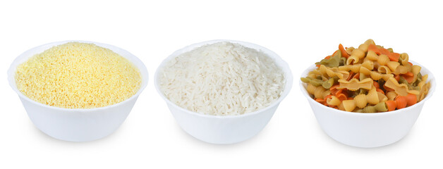 Colored pasta, rice and couscous  in a bowl isolated on a white background.  Set of full white bowl