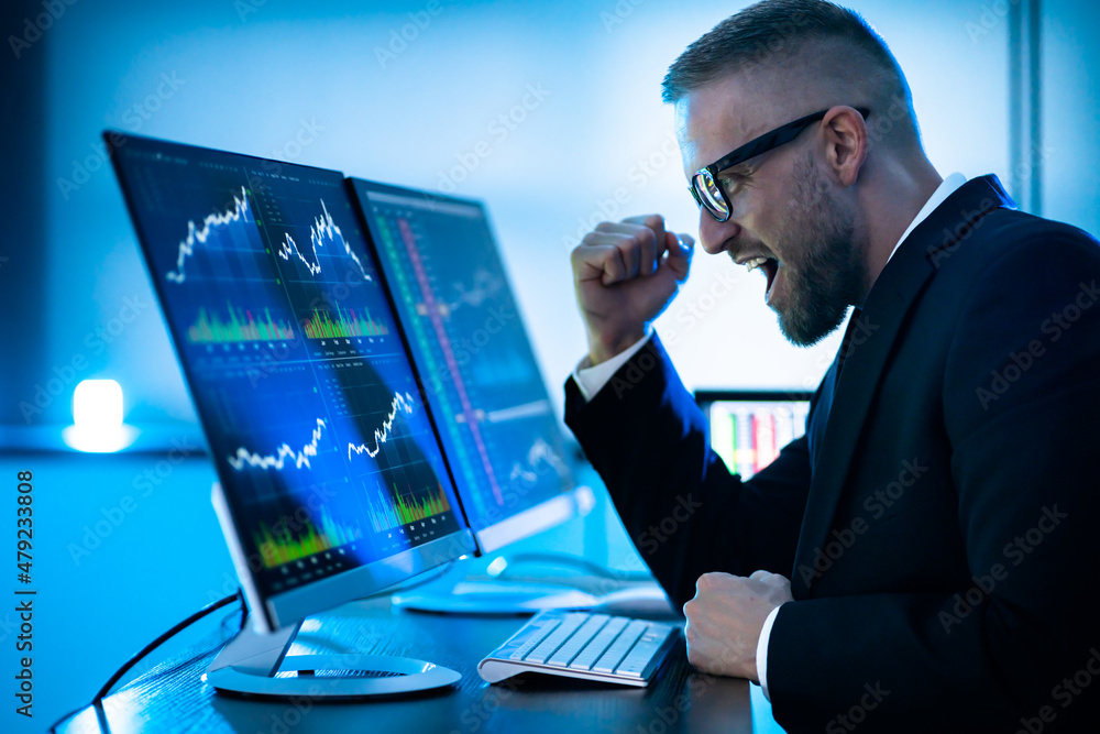 Poster successful stock market trader looking at graphs