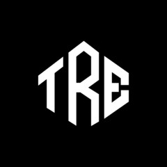 TRE letter logo design with polygon shape. TRE polygon and cube shape logo design. TRE hexagon vector logo template white and black colors. TRE monogram, business and real estate logo.