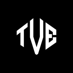 TVE letter logo design with polygon shape. TVE polygon and cube shape logo design. TVE hexagon vector logo template white and black colors. TVE monogram, business and real estate logo.