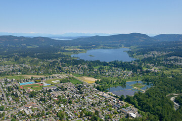 Aerial photograph of Duncan with Quamichan Lake in the background, Cowichan Valley, Vancouver...