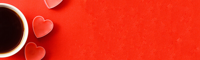 many pink romantic hearts and coffee drink for holiday.Romantic and love concept