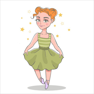 Hand drawn vector  illustration of cute  little ballerina girl.  Pretty cartoon ballet character.