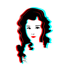 Cute girl face portrait line art with glitch effect. Vector illustration