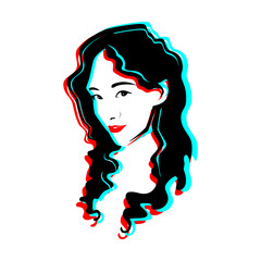 Girl face line art with blue and red color glitch effect. Vector illustration