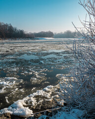 Zimowa sceneria nad rzeką San w południowej Polsce - obrazy, fototapety, plakaty