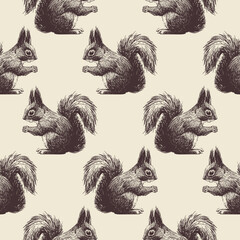 Hand-drawn pattern squirrels on a beige background for printing on paper, textiles and decoration. Vector illustration.