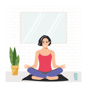 Woman sitting in lotus position practicing meditation. Practical yoga class. Design in a flat style. The young brunette beauty is happy and feeling great. 