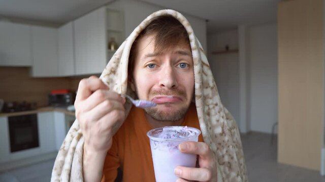 Heartbroken Young Man Eating Ice Cream From Bucket. Sad Lady Crying Over Breakup Or Relationship Problems, Feeling Depressed And Lonely.