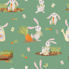 Gray rabbits. Carrot and rabbit pattern. Cute childish print of vegetables and animals. Vector illustration.