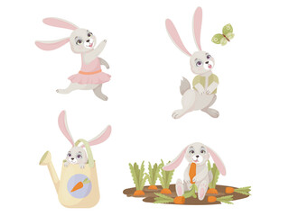 Rabbits in cartoon style. Set of cute animals working in the garden. Farming. Vector illustration isolated on white background.