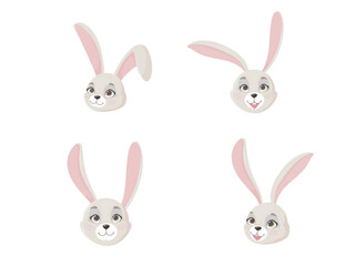 Muzzle of a Cute rabbit in a cartoon style. Emotions in animals. Vector illustration isolated on white background.