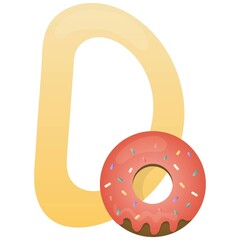 Letter D and a donut on a white background, educational card. English vocabulary and alphabet, vector for children
