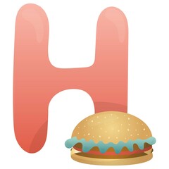 Letter H and burger on a white background, educational card. English vocabulary and alphabet, vector for children
