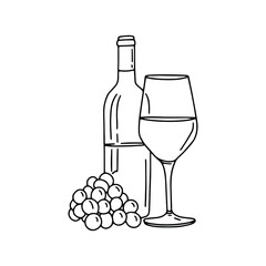 Wine bottle line simple illustration. Menu design. Outline doodle drawing. Draw icon. Vector 