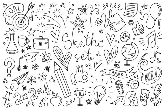 Outline blog elements doodle. Simple draw sketch set. School