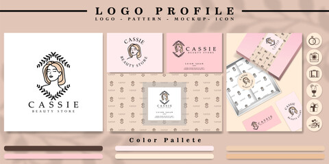 minimalist woman head logo branding with pattern and icon set