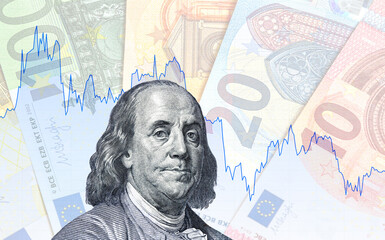 Graph rate chart banknotes of American dollar and Euro currency