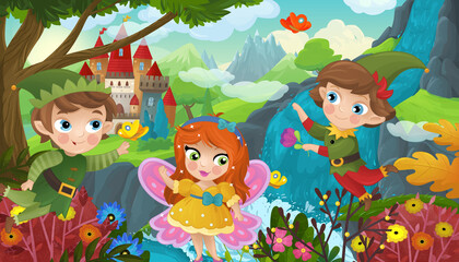 Obraz na płótnie Canvas cartoon scene with nature forest cute elf near waterfall and castle