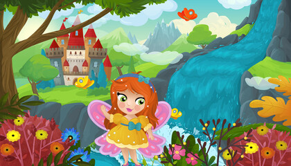 Obraz na płótnie Canvas cartoon scene with nature forest cute elf near waterfall and castle